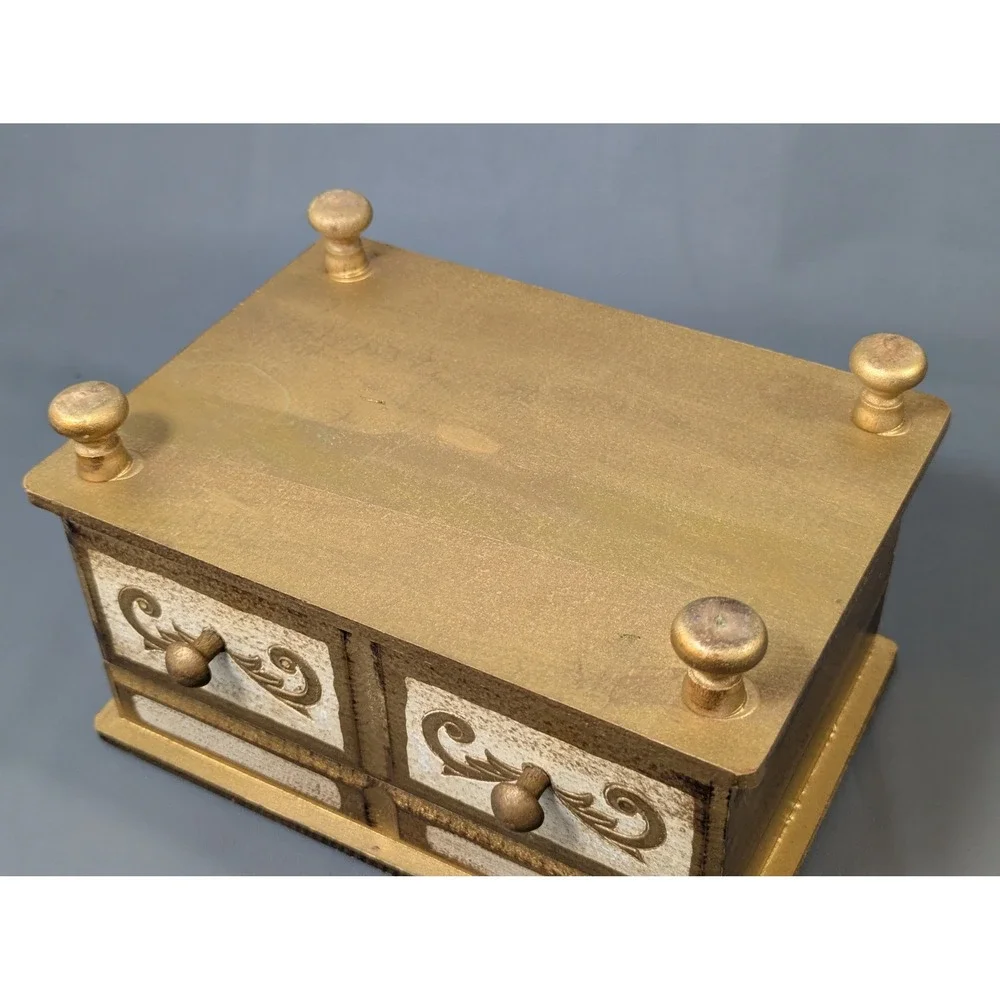 Vintage Gold Wood Jewelry Box Red Velvet Lined Cantilever Tray Scrollwork